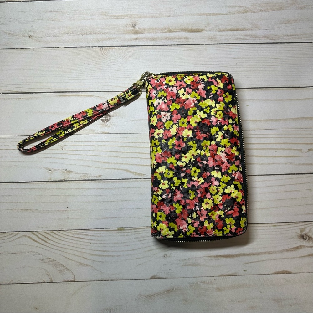 Steve Madden Floral Print Wristlet Wallet Zip Around Continental Black Pink Gold - Picture 2 of 3
